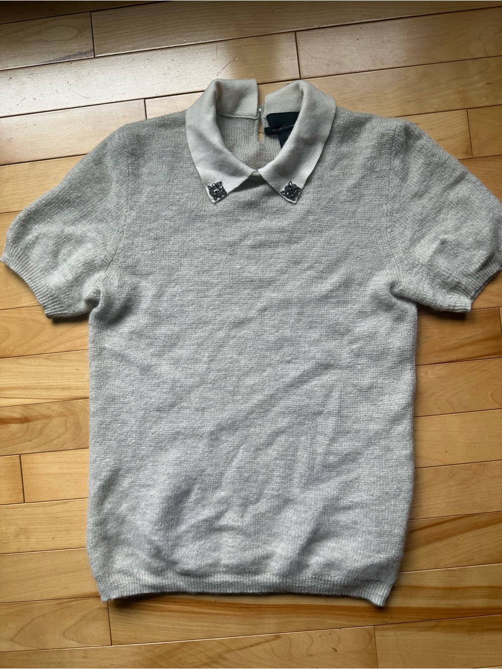 Jcrew Collection Cashmere Gray Short-Sleeve Polo Sweater with Embellished Collar